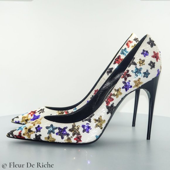 Saint Laurent Palace 105 White Sequin High Heels - Picture 4 of 9